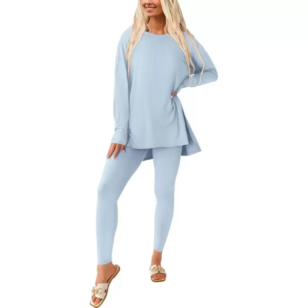 imagePRETTYGARDEN Womens Fall 2 Piece Outfits Casual Long Sleeve Tunic Tops Legging Pants Matching Lounge Sets SweatsuitsLight Blue