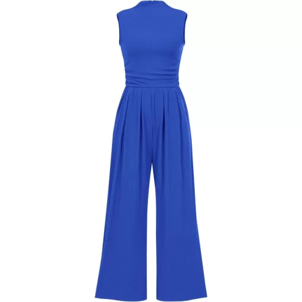 imagePRETTYGARDEN Womens Summer Jumpsuits Dressy Casual One Piece Outfits Sleeveless Mock Neck Wide Leg Pants Rompers with PocketsBlue