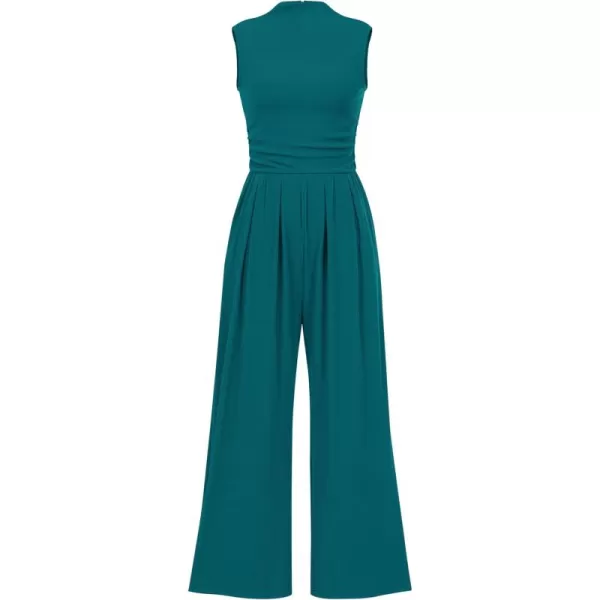 imagePRETTYGARDEN Womens Summer Jumpsuits Dressy Casual One Piece Outfits Sleeveless Mock Neck Wide Leg Pants Rompers with PocketsBlue Green
