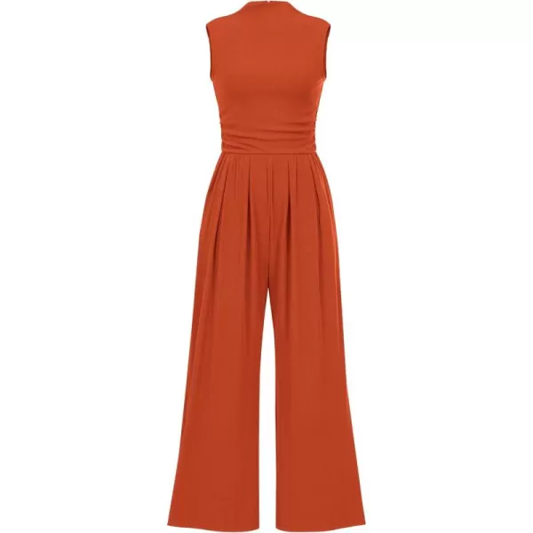 imagePRETTYGARDEN Womens Summer Jumpsuits Dressy Casual One Piece Outfits Sleeveless Mock Neck Wide Leg Pants Rompers with PocketsBrick Red
