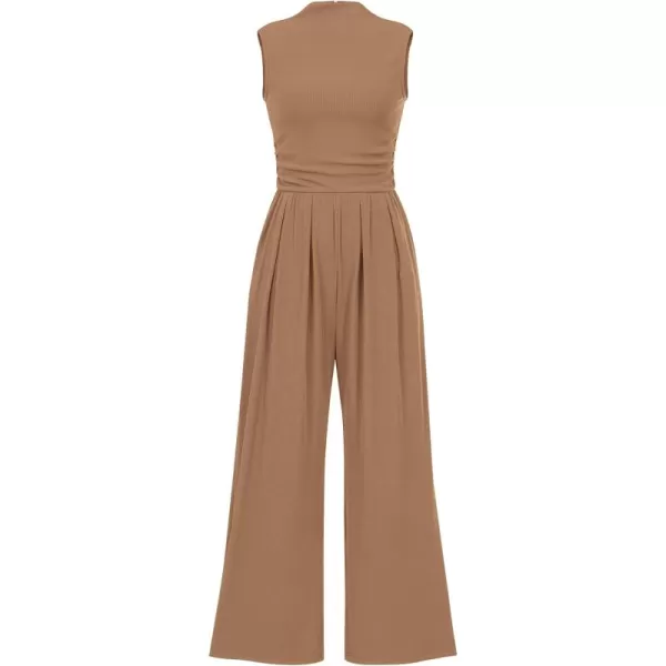 imagePRETTYGARDEN Womens Summer Jumpsuits Dressy Casual One Piece Outfits Sleeveless Mock Neck Wide Leg Pants Rompers with PocketsCamel