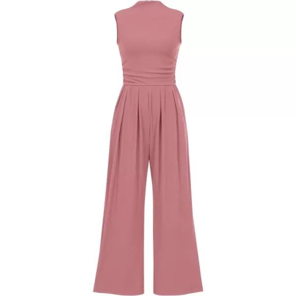 imagePRETTYGARDEN Womens Summer Jumpsuits Dressy Casual One Piece Outfits Sleeveless Mock Neck Wide Leg Pants Rompers with PocketsDusty Pink