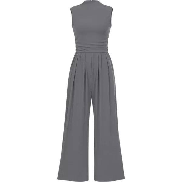 imagePRETTYGARDEN Womens Summer Jumpsuits Dressy Casual One Piece Outfits Sleeveless Mock Neck Wide Leg Pants Rompers with PocketsGrey