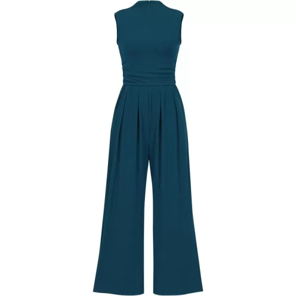 imagePRETTYGARDEN Womens Summer Jumpsuits Dressy Casual One Piece Outfits Sleeveless Mock Neck Wide Leg Pants Rompers with PocketsLake Blue