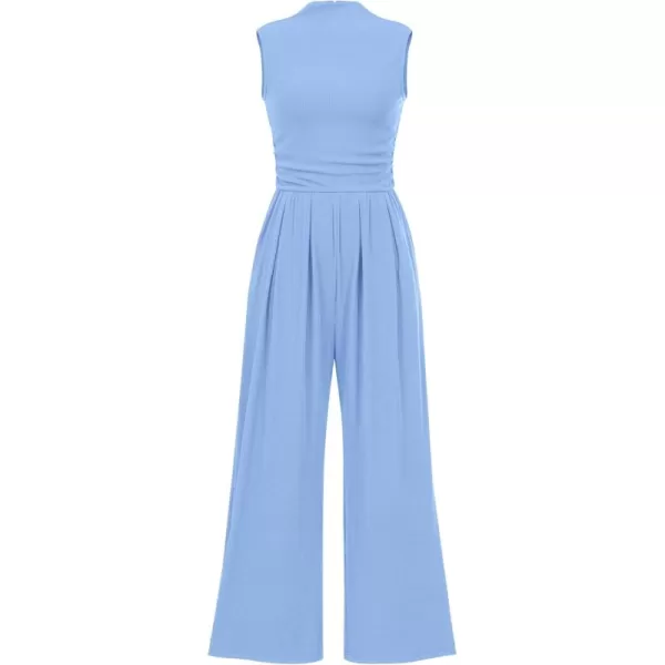 imagePRETTYGARDEN Womens Summer Jumpsuits Dressy Casual One Piece Outfits Sleeveless Mock Neck Wide Leg Pants Rompers with PocketsLight Blue