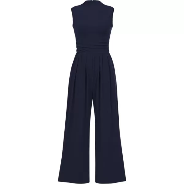 imagePRETTYGARDEN Womens Summer Jumpsuits Dressy Casual One Piece Outfits Sleeveless Mock Neck Wide Leg Pants Rompers with PocketsNavy