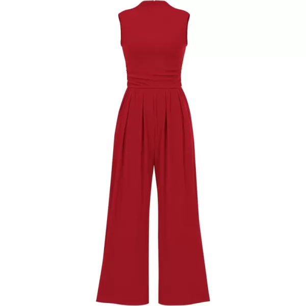 imagePRETTYGARDEN Womens Summer Jumpsuits Dressy Casual One Piece Outfits Sleeveless Mock Neck Wide Leg Pants Rompers with PocketsRed