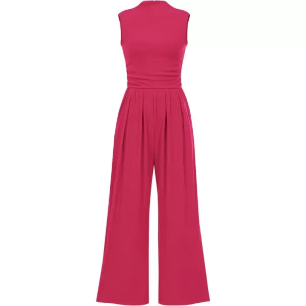 imagePRETTYGARDEN Womens Summer Jumpsuits Dressy Casual One Piece Outfits Sleeveless Mock Neck Wide Leg Pants Rompers with PocketsRose Red