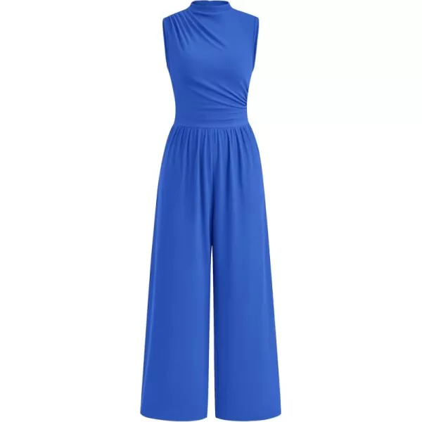 imagePRETTYGARDEN Womens Summer Jumpsuits Dressy Casual One Piece Outfits Sleeveless Mock Neck Wide Leg Pants Rompers with PocketsStyle2blue