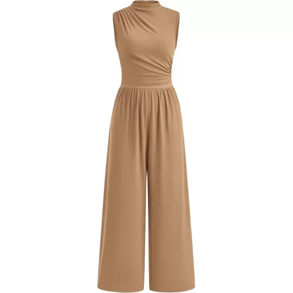 imagePRETTYGARDEN Womens Summer Jumpsuits Dressy Casual One Piece Outfits Sleeveless Mock Neck Wide Leg Pants Rompers with PocketsStyle2camel