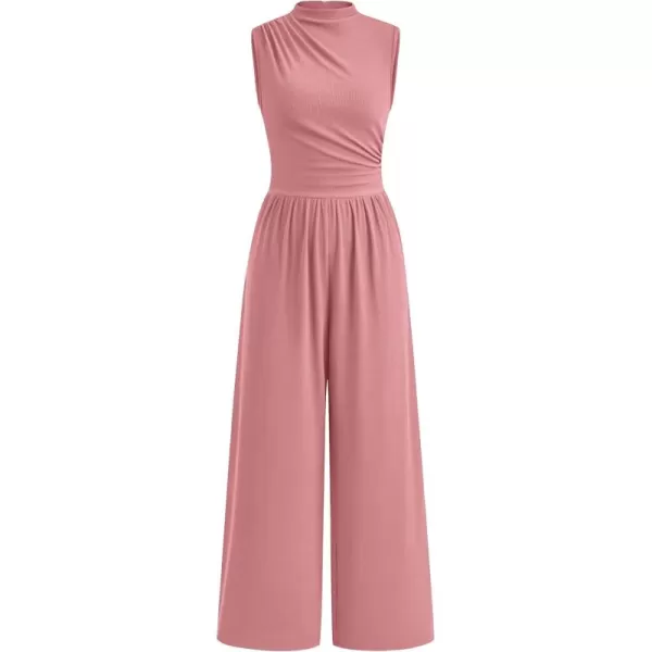 imagePRETTYGARDEN Womens Summer Jumpsuits Dressy Casual One Piece Outfits Sleeveless Mock Neck Wide Leg Pants Rompers with PocketsStyle2dusty Pink