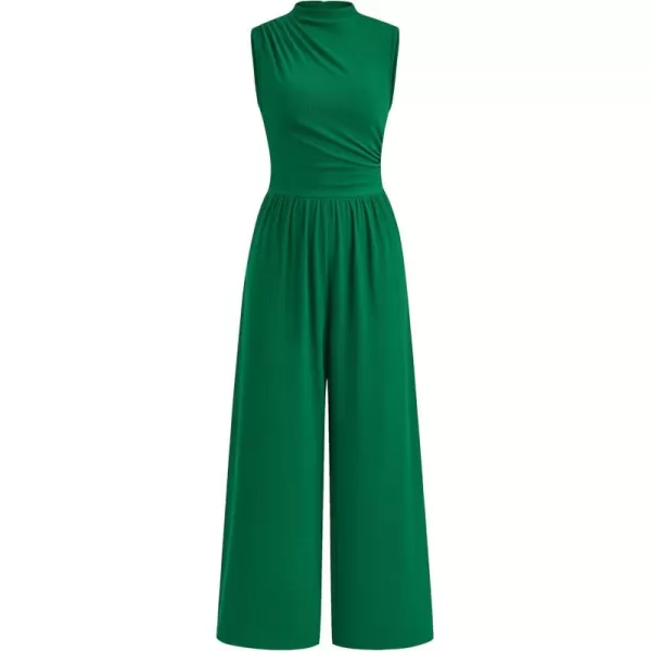 imagePRETTYGARDEN Womens Summer Jumpsuits Dressy Casual One Piece Outfits Sleeveless Mock Neck Wide Leg Pants Rompers with PocketsStyle2green
