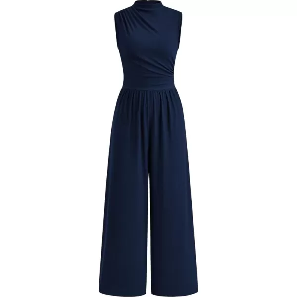 imagePRETTYGARDEN Womens Summer Jumpsuits Dressy Casual One Piece Outfits Sleeveless Mock Neck Wide Leg Pants Rompers with PocketsStyle2navy
