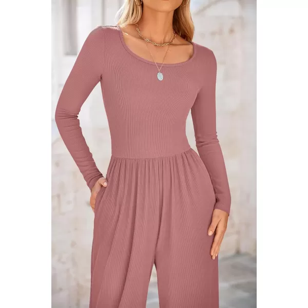 imagePRETTYGARDEN Fall Jumpsuits for Women Dressy Casual Long Sleeve Wide Leg Pants Rompers One Piece OutfitsDusty Pink
