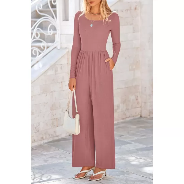 imagePRETTYGARDEN Fall Jumpsuits for Women Dressy Casual Long Sleeve Wide Leg Pants Rompers One Piece OutfitsDusty Pink