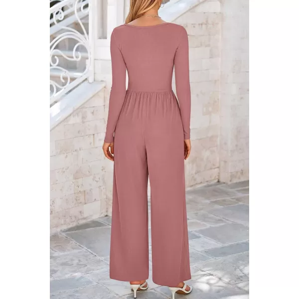 imagePRETTYGARDEN Fall Jumpsuits for Women Dressy Casual Long Sleeve Wide Leg Pants Rompers One Piece OutfitsDusty Pink