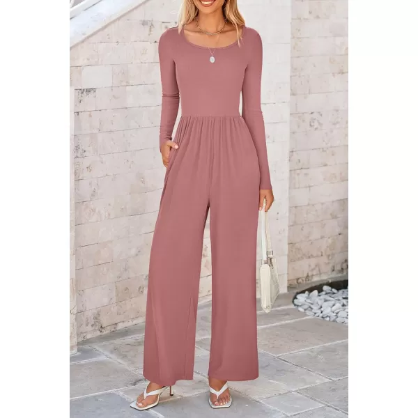 imagePRETTYGARDEN Fall Jumpsuits for Women Dressy Casual Long Sleeve Wide Leg Pants Rompers One Piece OutfitsDusty Pink