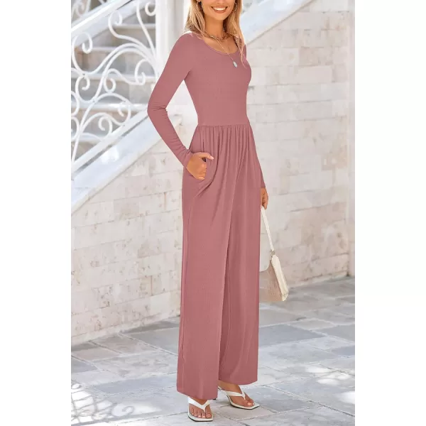 imagePRETTYGARDEN Fall Jumpsuits for Women Dressy Casual Long Sleeve Wide Leg Pants Rompers One Piece OutfitsDusty Pink