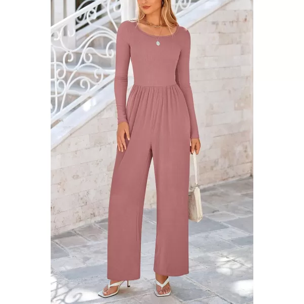 imagePRETTYGARDEN Fall Jumpsuits for Women Dressy Casual Long Sleeve Wide Leg Pants Rompers One Piece OutfitsDusty Pink