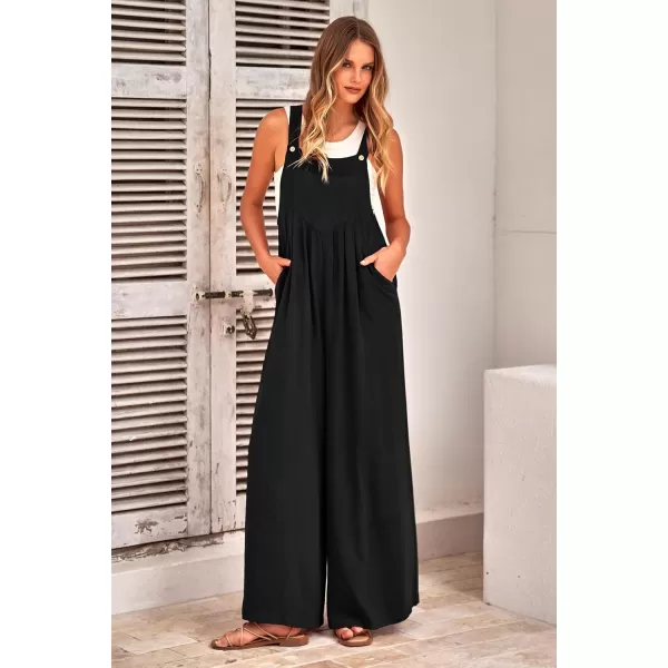 imagePRETTYGARDEN Womens Bib Overalls Casual Summer Sleeveless Strap Loose Wide Leg Jumpsuits with PocketsBlack