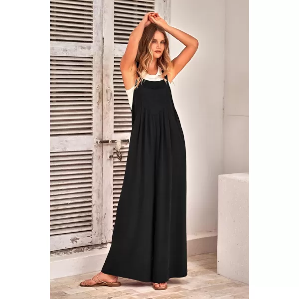 imagePRETTYGARDEN Womens Bib Overalls Casual Summer Sleeveless Strap Loose Wide Leg Jumpsuits with PocketsBlack