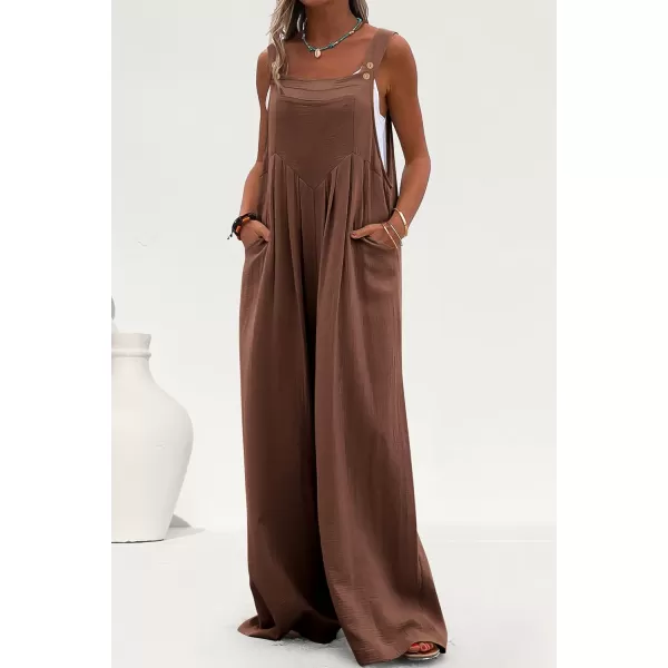 imagePRETTYGARDEN Womens Bib Overalls Casual Summer Sleeveless Strap Loose Wide Leg Jumpsuits with PocketsBrown