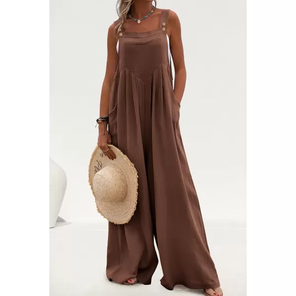 imagePRETTYGARDEN Womens Bib Overalls Casual Summer Sleeveless Strap Loose Wide Leg Jumpsuits with PocketsBrown