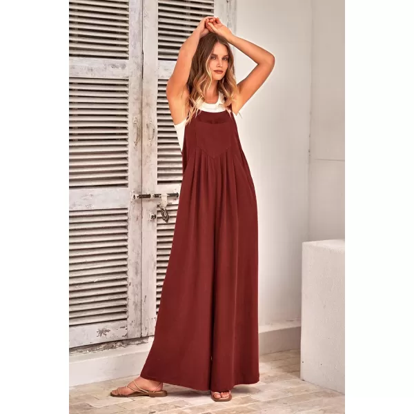 imagePRETTYGARDEN Womens Bib Overalls Casual Summer Sleeveless Strap Loose Wide Leg Jumpsuits with PocketsDark Brown