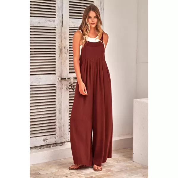 imagePRETTYGARDEN Womens Bib Overalls Casual Summer Sleeveless Strap Loose Wide Leg Jumpsuits with PocketsDark Brown