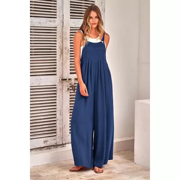 imagePRETTYGARDEN Womens Bib Overalls Casual Summer Sleeveless Strap Loose Wide Leg Jumpsuits with PocketsDenim Blue