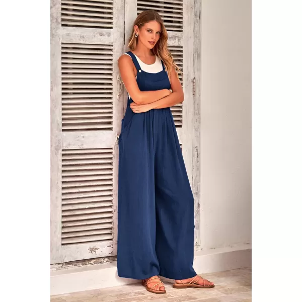 imagePRETTYGARDEN Womens Bib Overalls Casual Summer Sleeveless Strap Loose Wide Leg Jumpsuits with PocketsDenim Blue