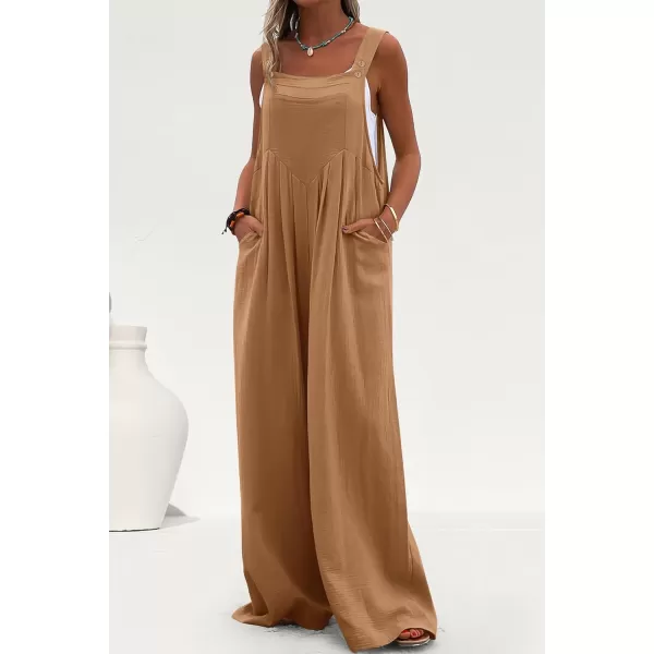 imagePRETTYGARDEN Womens Bib Overalls Casual Summer Sleeveless Strap Loose Wide Leg Jumpsuits with PocketsKhaki