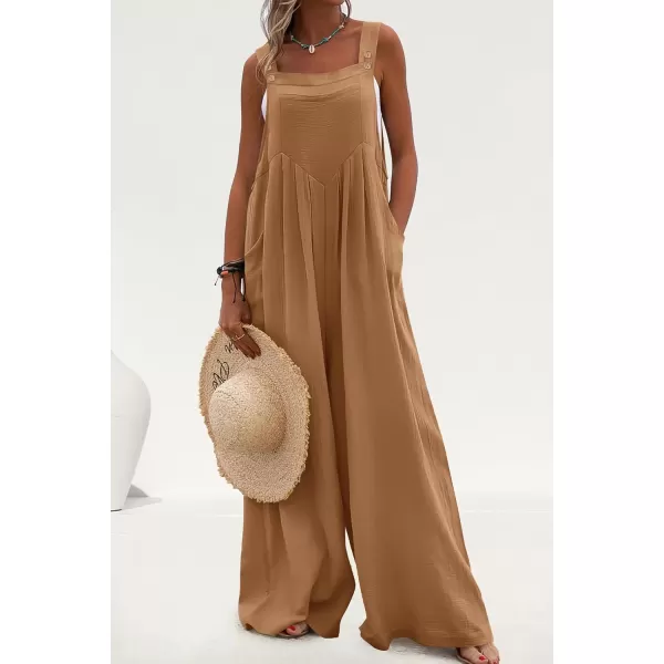imagePRETTYGARDEN Womens Bib Overalls Casual Summer Sleeveless Strap Loose Wide Leg Jumpsuits with PocketsKhaki