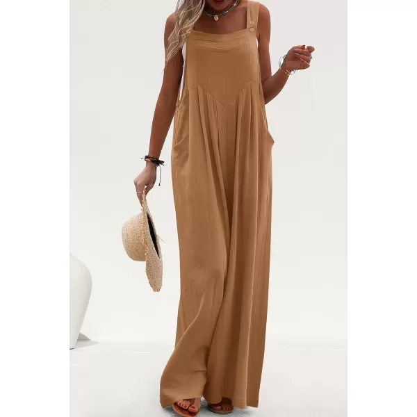 imagePRETTYGARDEN Womens Bib Overalls Casual Summer Sleeveless Strap Loose Wide Leg Jumpsuits with PocketsKhaki