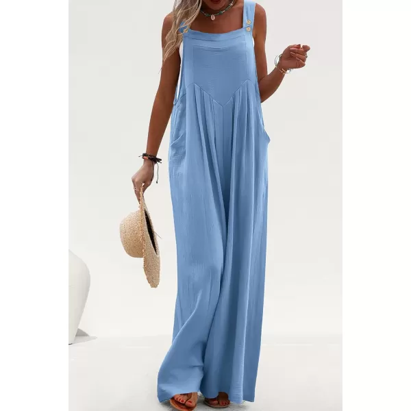 imagePRETTYGARDEN Womens Bib Overalls Casual Summer Sleeveless Strap Loose Wide Leg Jumpsuits with PocketsLight Blue
