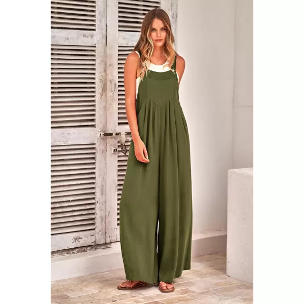imagePRETTYGARDEN Womens Bib Overalls Casual Summer Sleeveless Strap Loose Wide Leg Jumpsuits with PocketsOlive Green