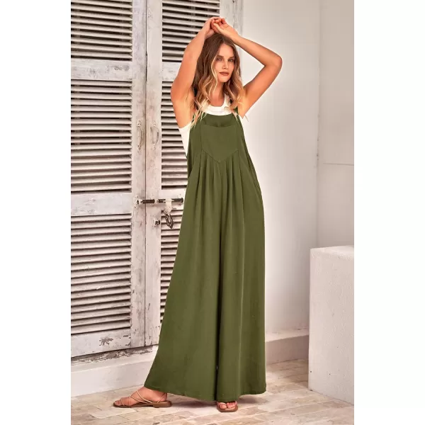 imagePRETTYGARDEN Womens Bib Overalls Casual Summer Sleeveless Strap Loose Wide Leg Jumpsuits with PocketsOlive Green