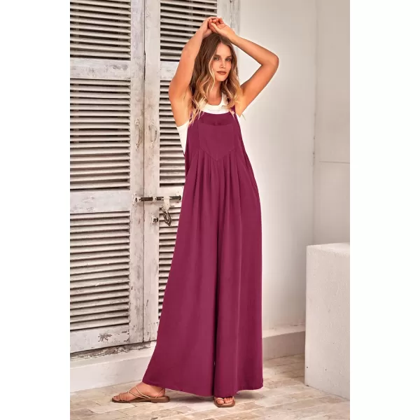 imagePRETTYGARDEN Womens Bib Overalls Casual Summer Sleeveless Strap Loose Wide Leg Jumpsuits with PocketsPurple Red