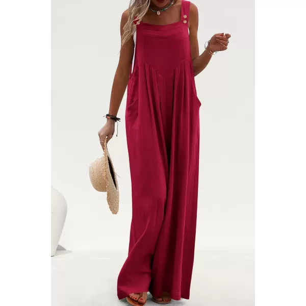 imagePRETTYGARDEN Womens Bib Overalls Casual Summer Sleeveless Strap Loose Wide Leg Jumpsuits with PocketsRed