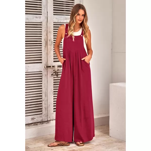 imagePRETTYGARDEN Womens Bib Overalls Casual Summer Sleeveless Strap Loose Wide Leg Jumpsuits with PocketsRed