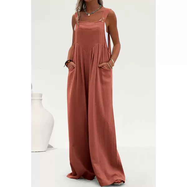 imagePRETTYGARDEN Womens Bib Overalls Casual Summer Sleeveless Strap Loose Wide Leg Jumpsuits with PocketsRust Red