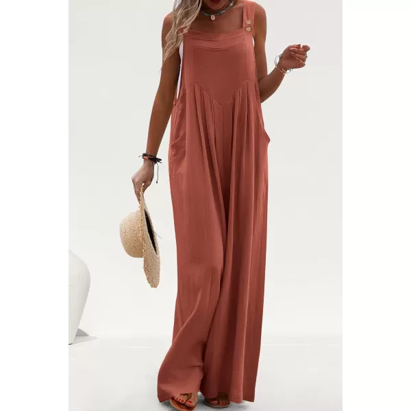 imagePRETTYGARDEN Womens Bib Overalls Casual Summer Sleeveless Strap Loose Wide Leg Jumpsuits with PocketsRust Red