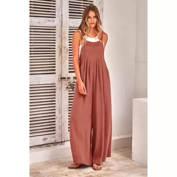 imagePRETTYGARDEN Womens Bib Overalls Casual Summer Sleeveless Strap Loose Wide Leg Jumpsuits with PocketsRust Red