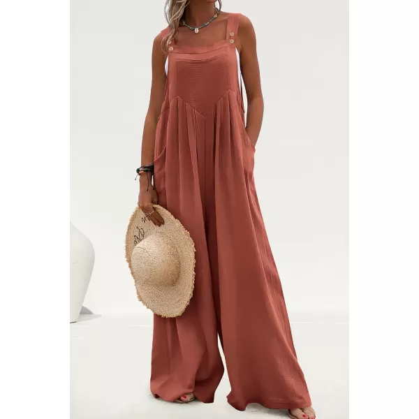 imagePRETTYGARDEN Womens Bib Overalls Casual Summer Sleeveless Strap Loose Wide Leg Jumpsuits with PocketsRust Red