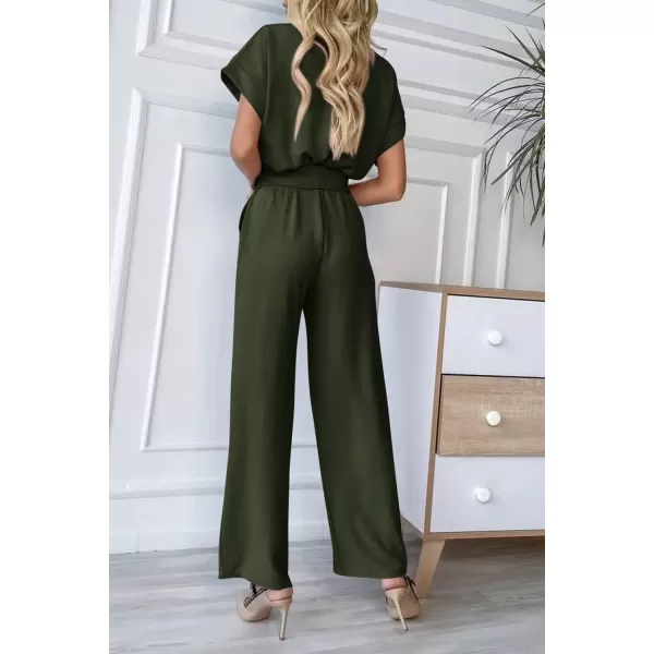imagePRETTYGARDEN Womens Jumpsuit Casual Short Sleeve Wrap V Neck Belted Wide Leg PantsArmy Green