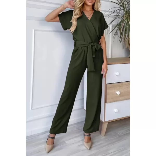 imagePRETTYGARDEN Womens Jumpsuit Casual Short Sleeve Wrap V Neck Belted Wide Leg PantsArmy Green