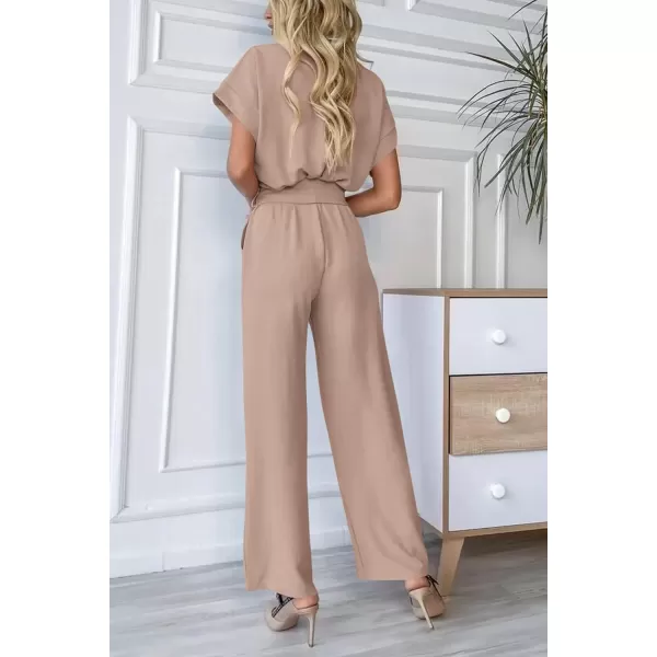 imagePRETTYGARDEN Womens Jumpsuit Casual Short Sleeve Wrap V Neck Belted Wide Leg PantsBeige