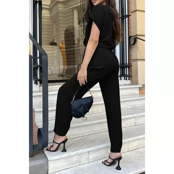 imagePRETTYGARDEN Womens Jumpsuit Casual Short Sleeve Wrap V Neck Belted Wide Leg PantsBlack