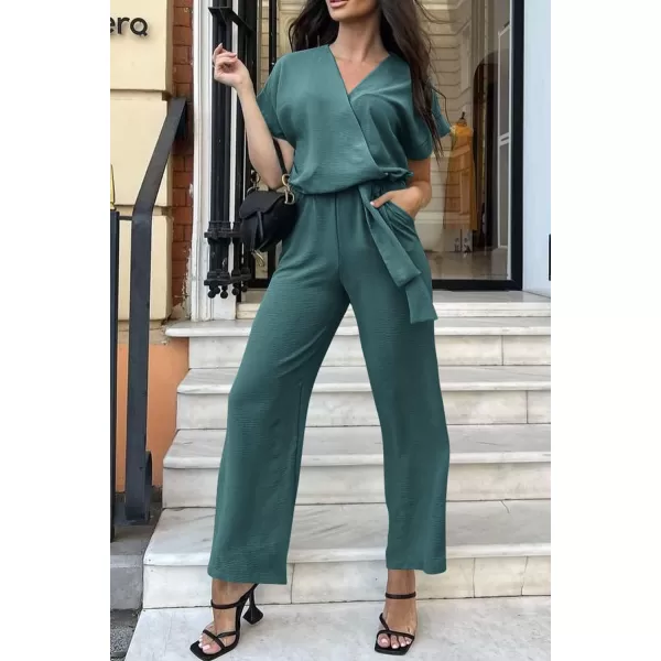 imagePRETTYGARDEN Womens Jumpsuit Casual Short Sleeve Wrap V Neck Belted Wide Leg PantsBlue Green