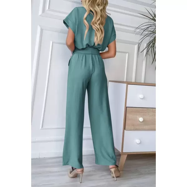 imagePRETTYGARDEN Womens Jumpsuit Casual Short Sleeve Wrap V Neck Belted Wide Leg PantsBlue Green